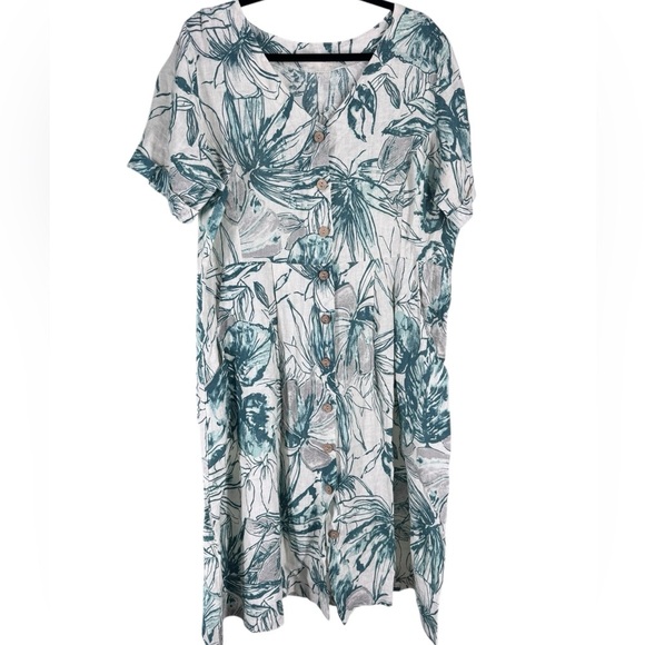 WoolOvers button through linen dress sketched linear floral pattern 14 - Picture 4 of 9